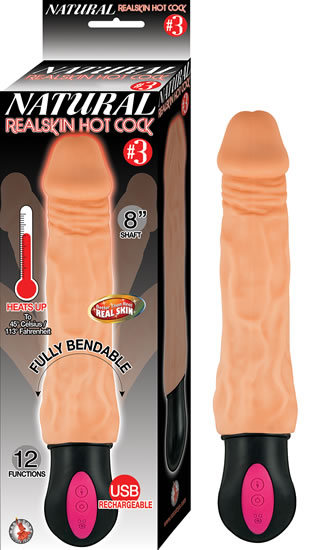 Natural Realskin Hot Cock #3 8 inches Beige Vibrating Dildo. Heats up to 45 degrees Celsius or 113 degrees Fahrenheit. Better than real RealSkin. Fully bendable. 12 functions. USB rechargeable. RoHS compliant materials. Waterproof vibrations. Phthalate free material shaft Thermoplastic Elastomers TPE, Handle ABS plastic, Switch Panel Silicone. Overall length 10.5 inches, insertable length 8 inches, width 2 inches, circumference 6 inches.