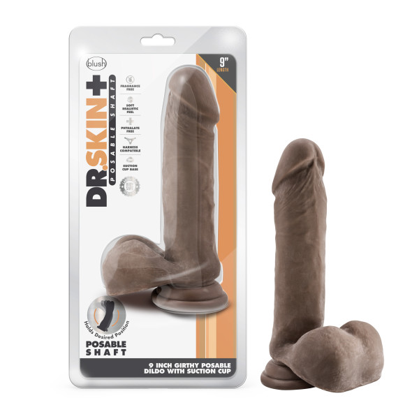 Dr. Skin Plus 9in Thick Posable Dildo with Squeezable Balls - Chocolate