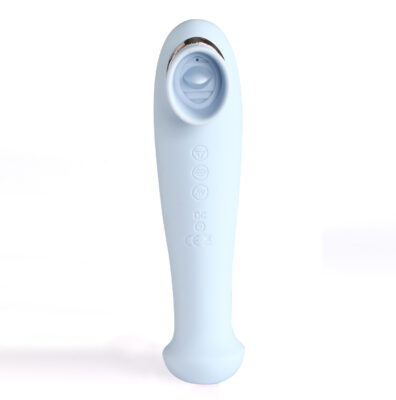 Pale blue Destiny 3-in-1 sucking clitoral stimulator upright, suction cup head and chrome accent ring