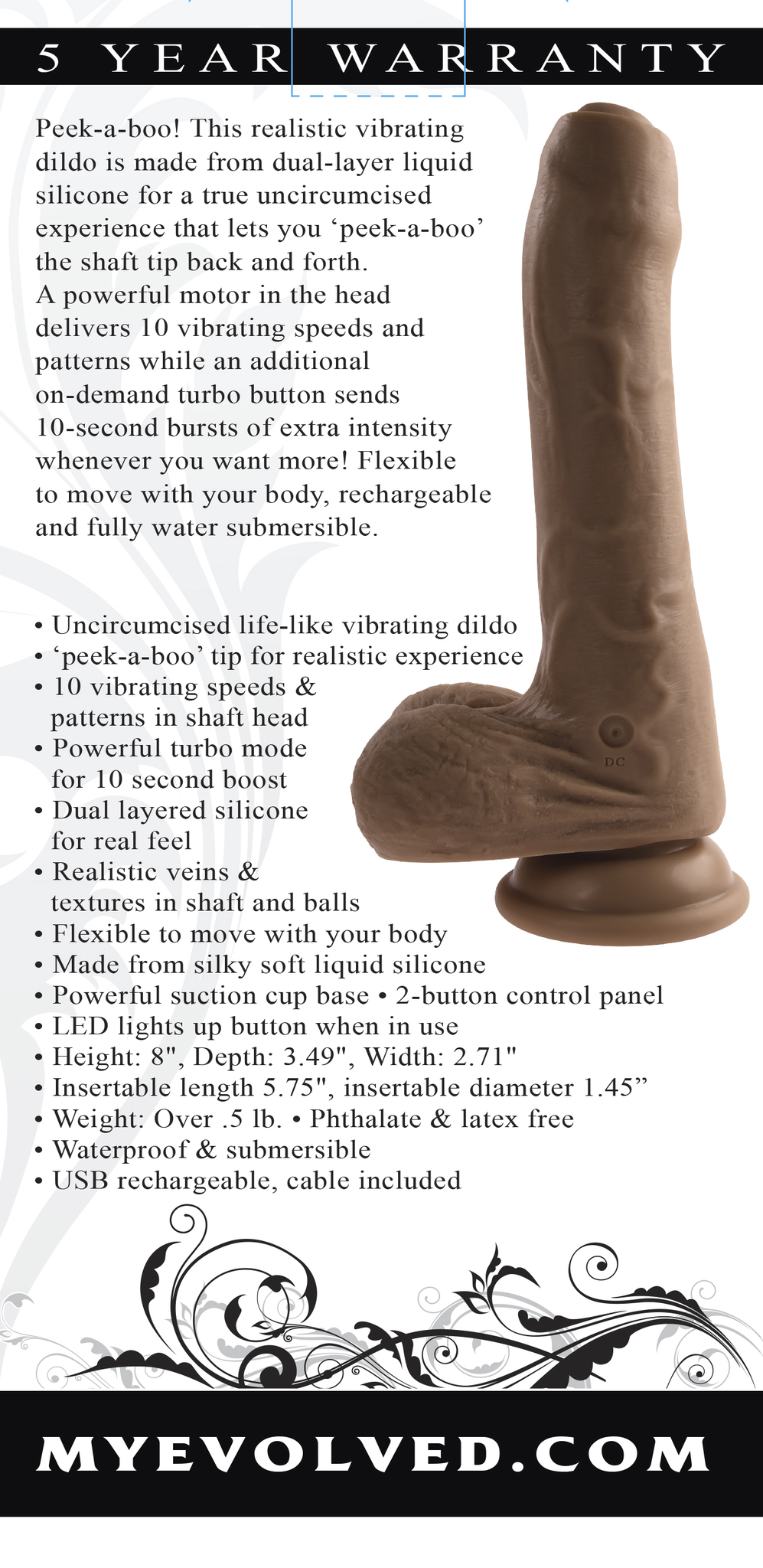 Peek-A-Boo Uncircumcised Vibrating Dildo 8in - Dark - Image 3