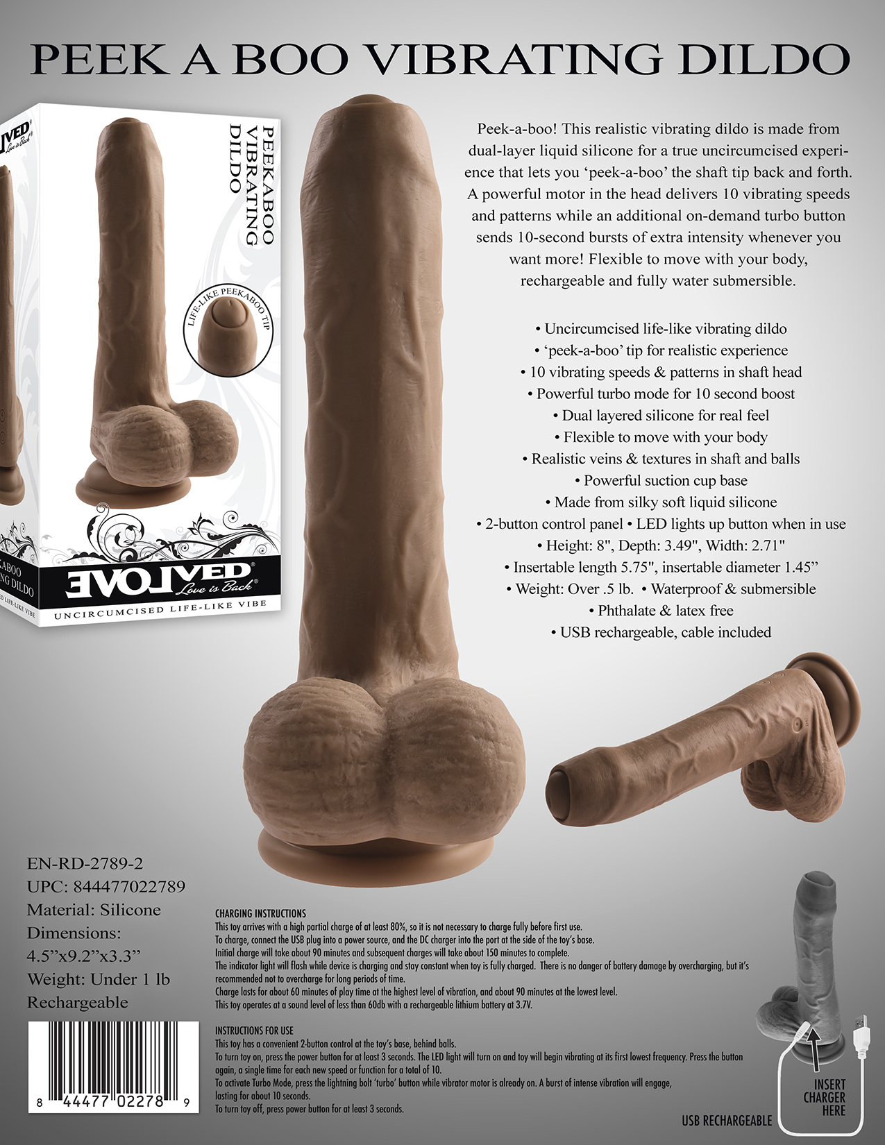 Peek-A-Boo Uncircumcised Vibrating Dildo 8in - Dark - Image 4