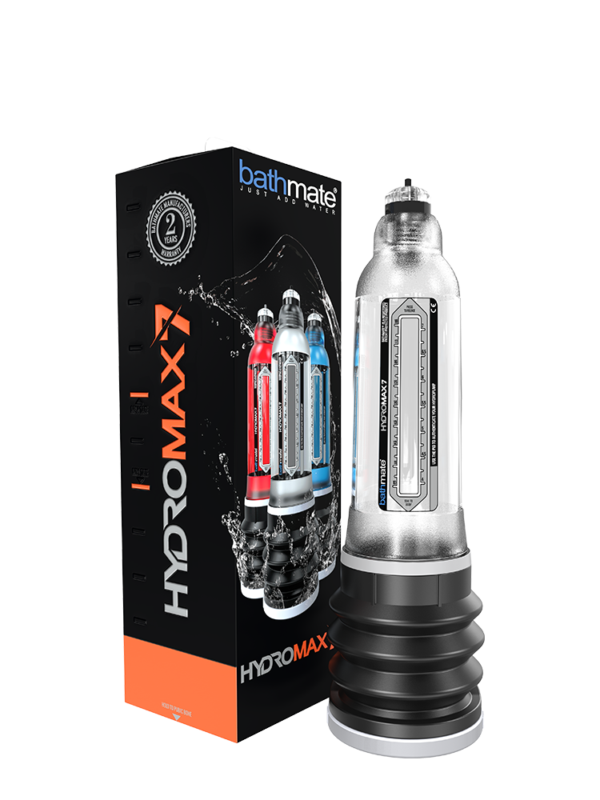 Bathmate Hydromax 7 Crystal Clear penis pump beside its retail box