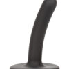 Black slim silicone anal dildo standing on its suction cup base, side view