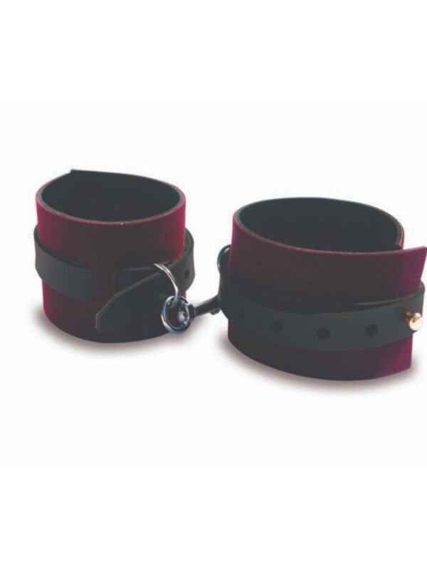 Burgundy adjustable handcuffs from the Enchanted Kit linked by a single clasp