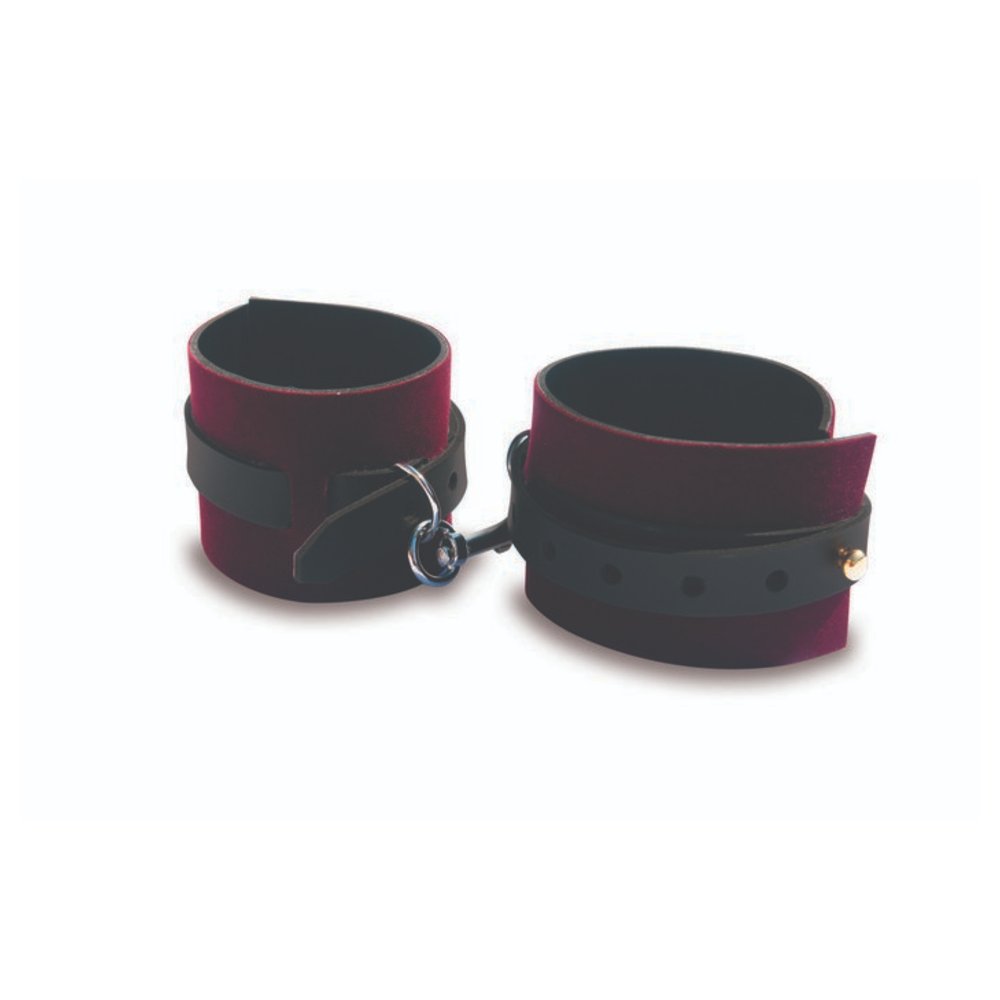 Burgundy adjustable handcuffs from the Enchanted Kit linked by a single clasp