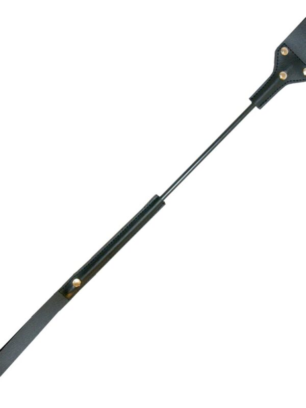 Sex & Mischief Heart Impression Riding Crop with leather slapper and red heart, shown diagonally