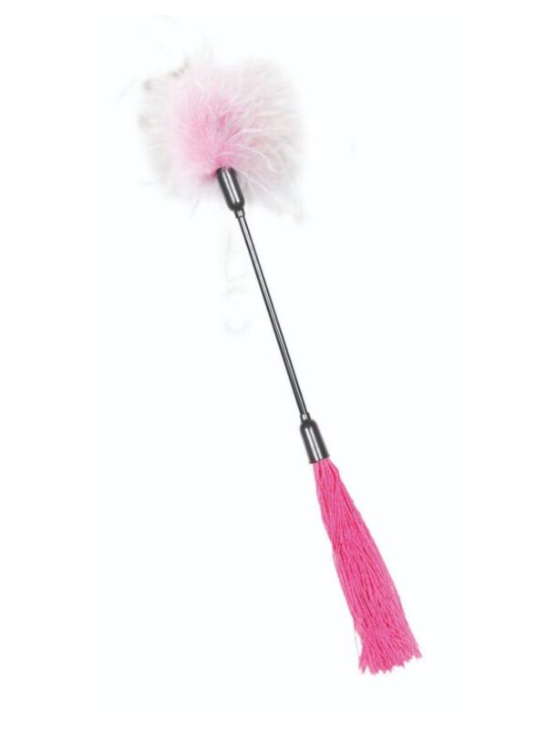 Pink and white Whipper Tickler with a fluffy feather end and pink silicone whip