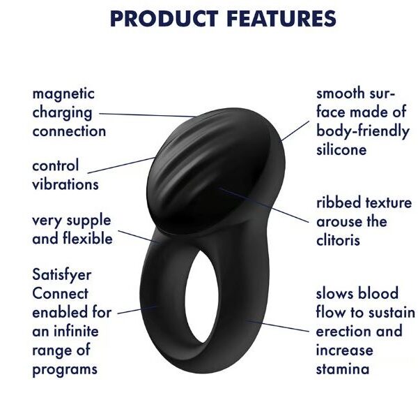 Satisfyer Signet Ring features - ribbed top, magnetic charging, one-touch control