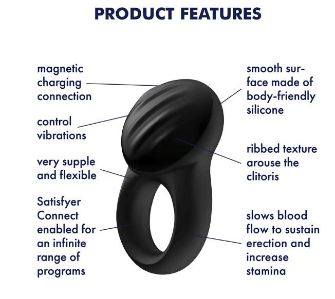 Satisfyer Signet Ring features - ribbed top, magnetic charging, one-touch control