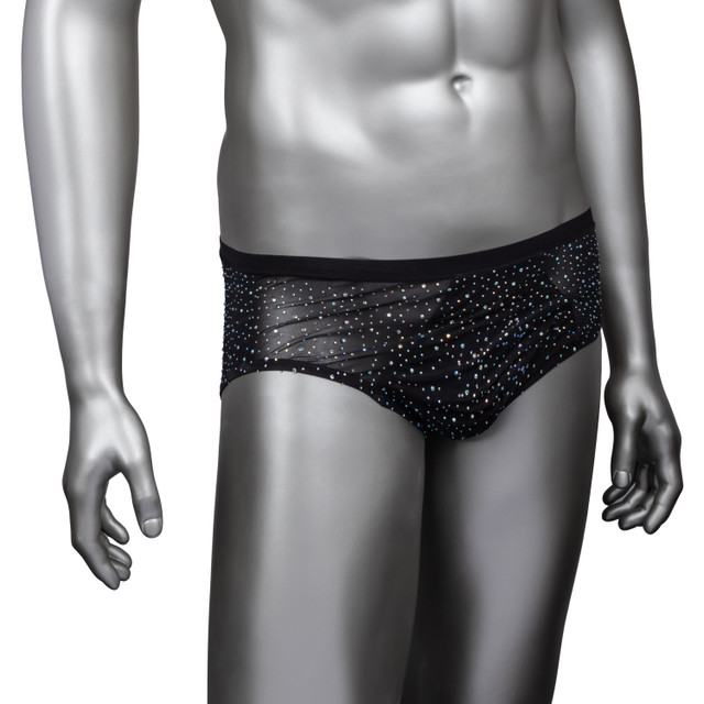 Radiance rhinestone mesh briefs on a mannequin, front view