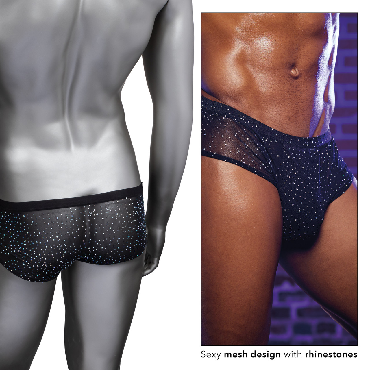 Black mesh briefs on a mannequin with a model inset