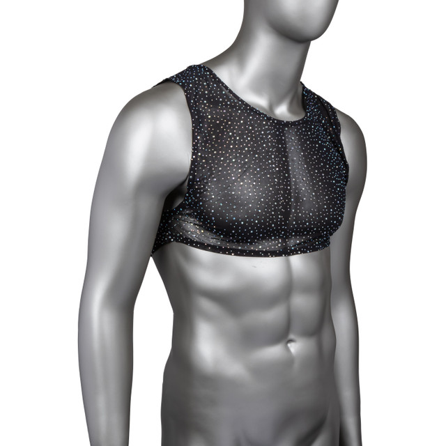 Black rhinestone crop top for men on a mannequin