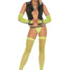 Model wearing neon green fishnet thigh high stockings, front view