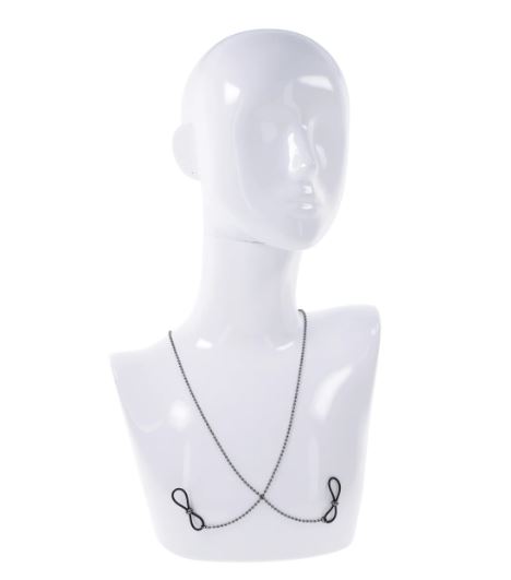 Sex & Mischief Ex's & Oh's gunmetal body chain with nipple ties shown on a mannequin