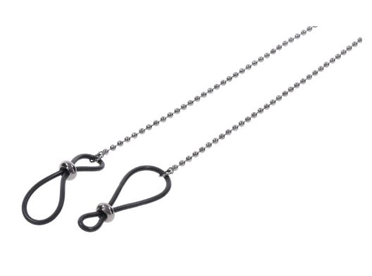 Close view of the adjustable nipple tie loops on the gunmetal beaded chain
