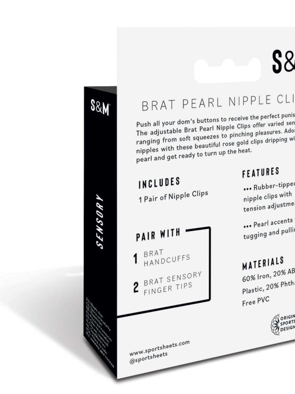 Back of the Brat pearl nipple clips box with features and materials