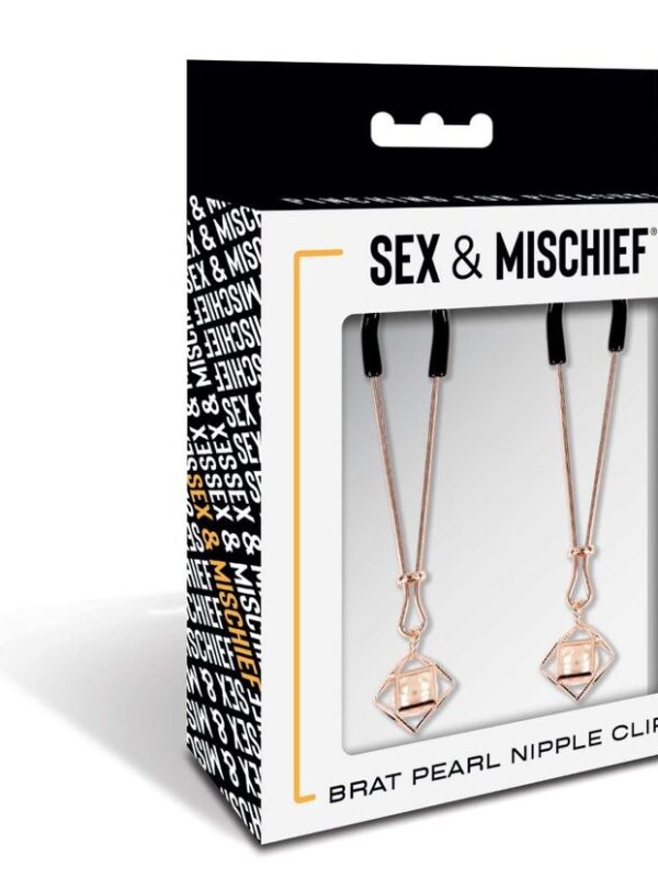 Sex & Mischief Brat pearl nipple clamps in rose gold shown in the retail box