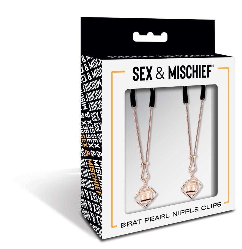 Sex & Mischief Brat pearl nipple clamps in rose gold shown in the retail box