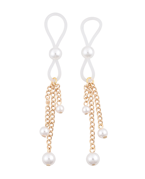Sex & Mischief pearl nipple ties - clear adjustable loops with three dangling faux pearls