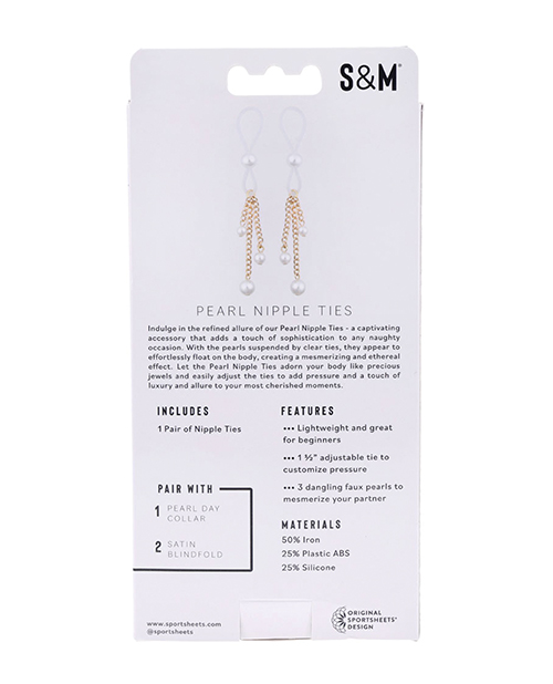 Back of the pearl nipple ties box with features and materials