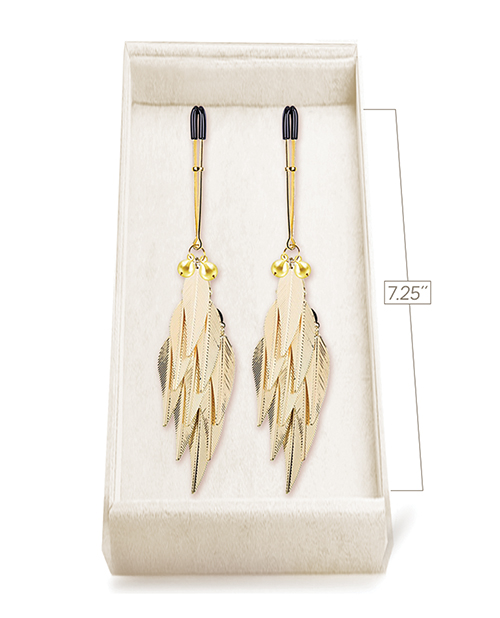 Couture Clips Golden Harvest gold nipple clamps with cascading leaf charms in their display tray