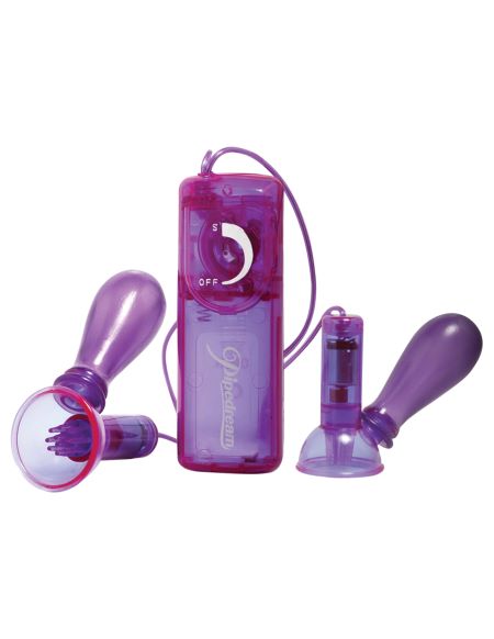Purple Fetish Fantasy vibrating nipple suckers with squeeze bulbs and dial controller