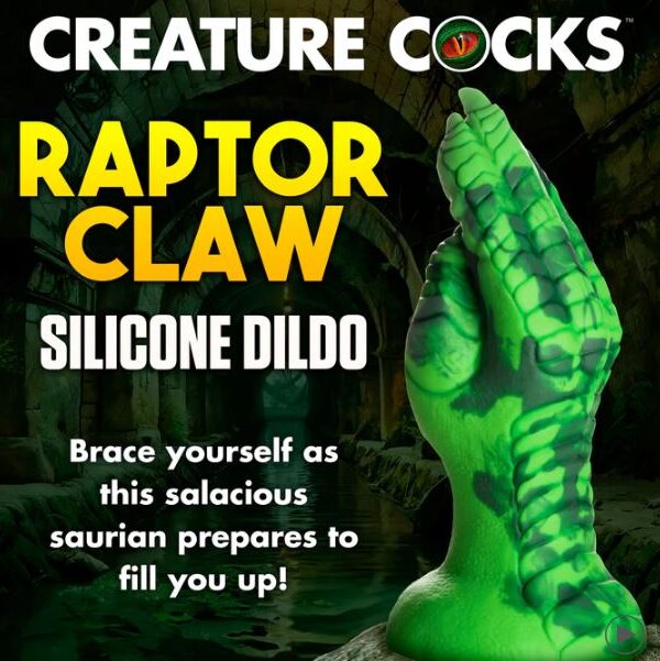 Raptor Claw silicone dildo promo graphic with scaled green fist