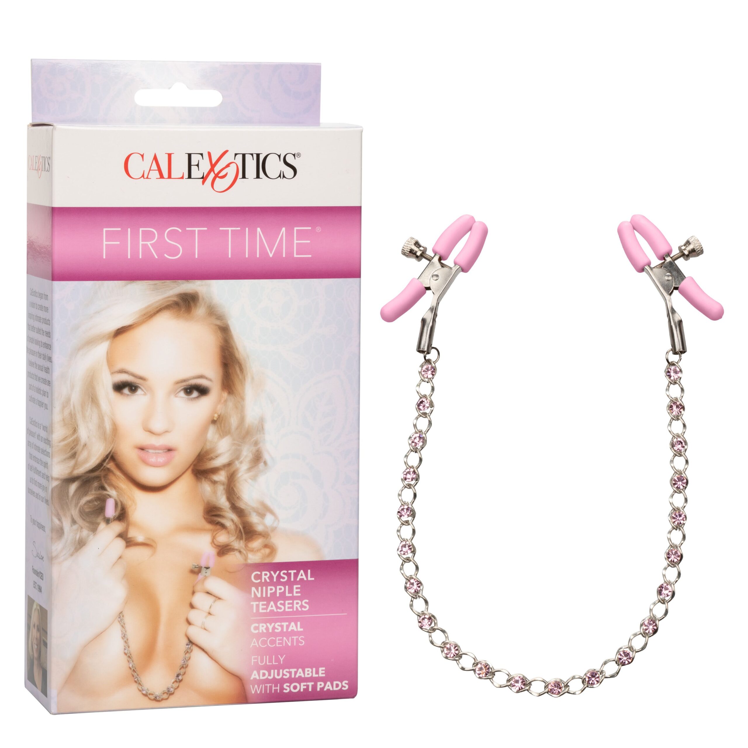 Pink crystal nipple clamps with chain beside their retail box