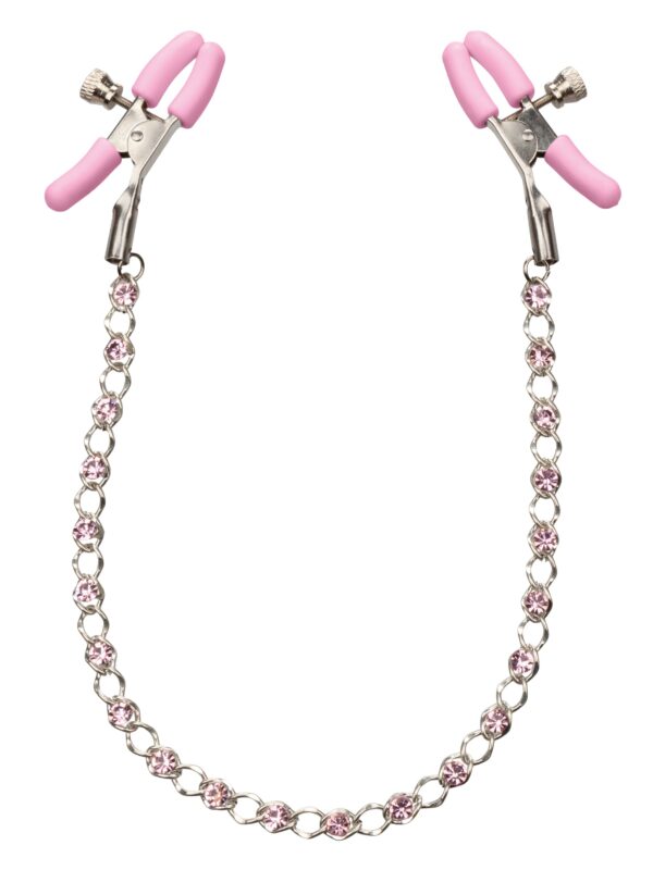 Pink beginner crystal nipple clamps joined by a sparkling 12 inch chain