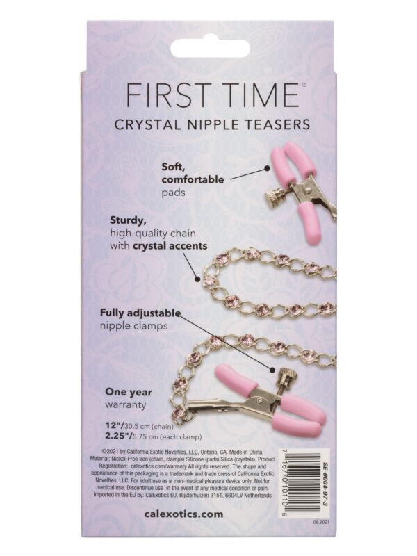 Back of the crystal nipple clamps box showing the soft tips, chain and adjustable tension