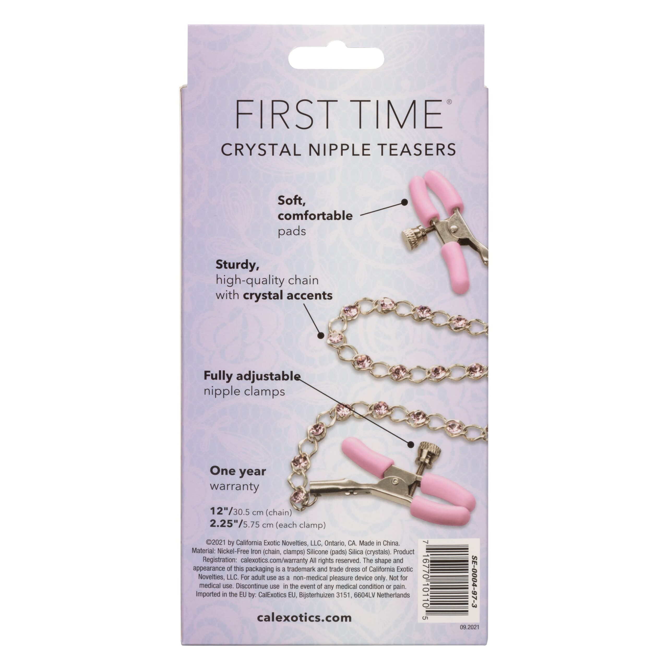 Back of the crystal nipple clamps box showing the soft tips, chain and adjustable tension