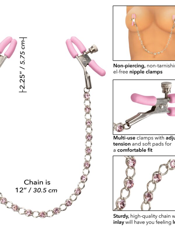 Crystal nipple clamps with size markings and feature panels showing the adjustable tension