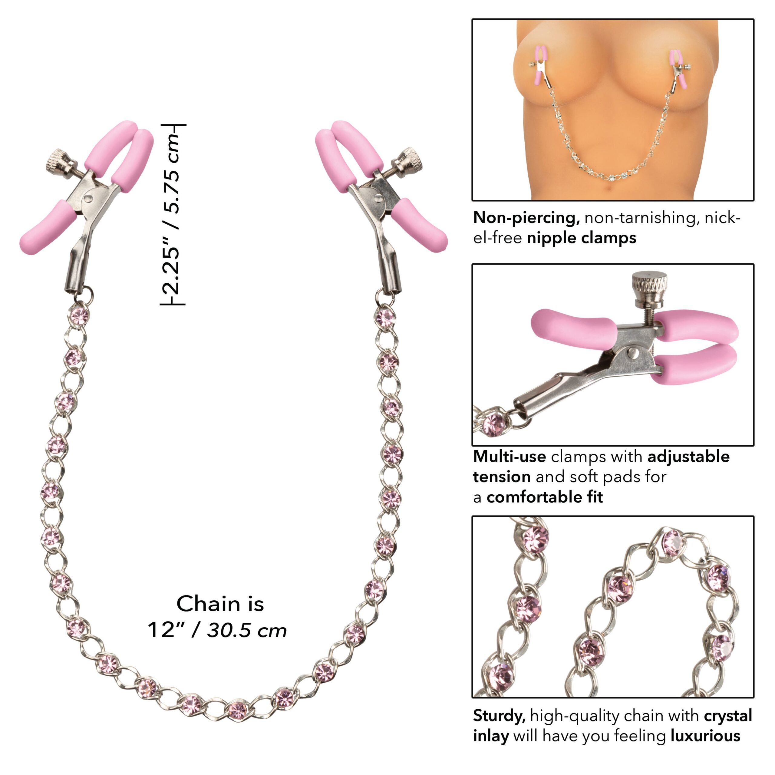 Crystal nipple clamps with size markings and feature panels showing the adjustable tension