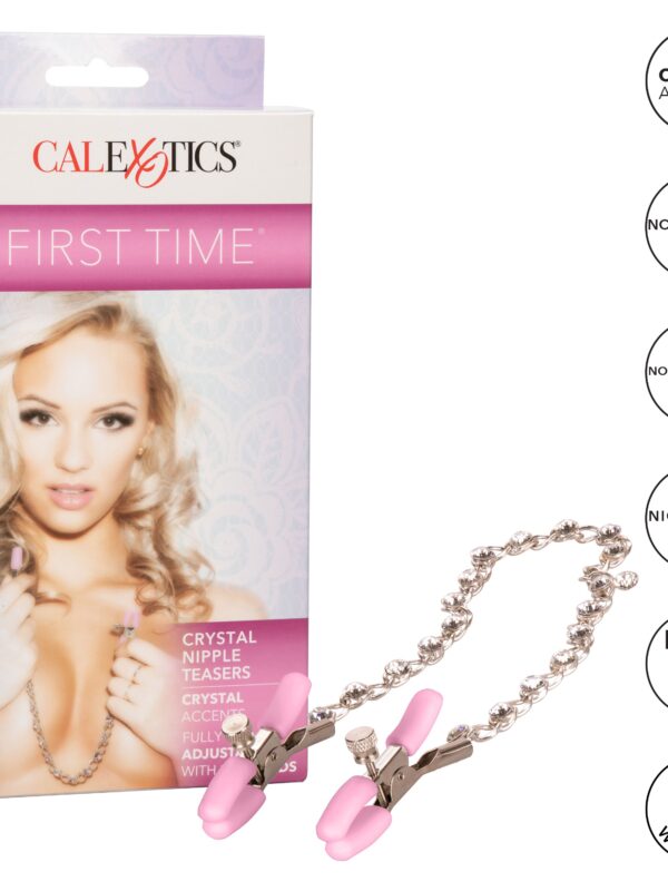 Pink crystal nipple clamps beside their box with feature icons