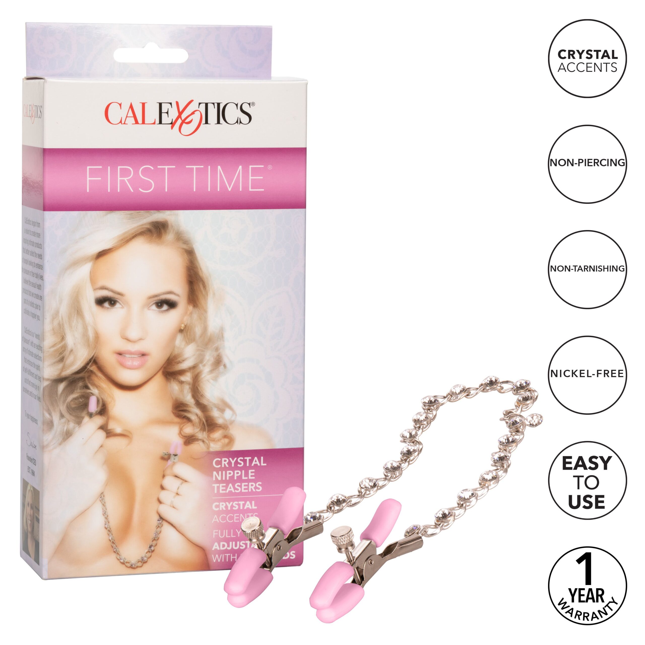Pink crystal nipple clamps beside their box with feature icons