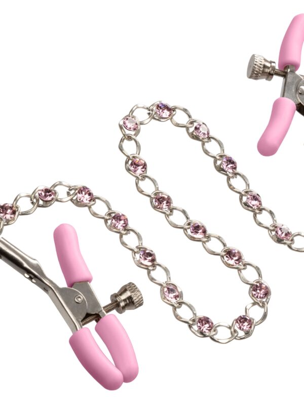 Pink crystal nipple clamps with silicone tips and sparkling chain