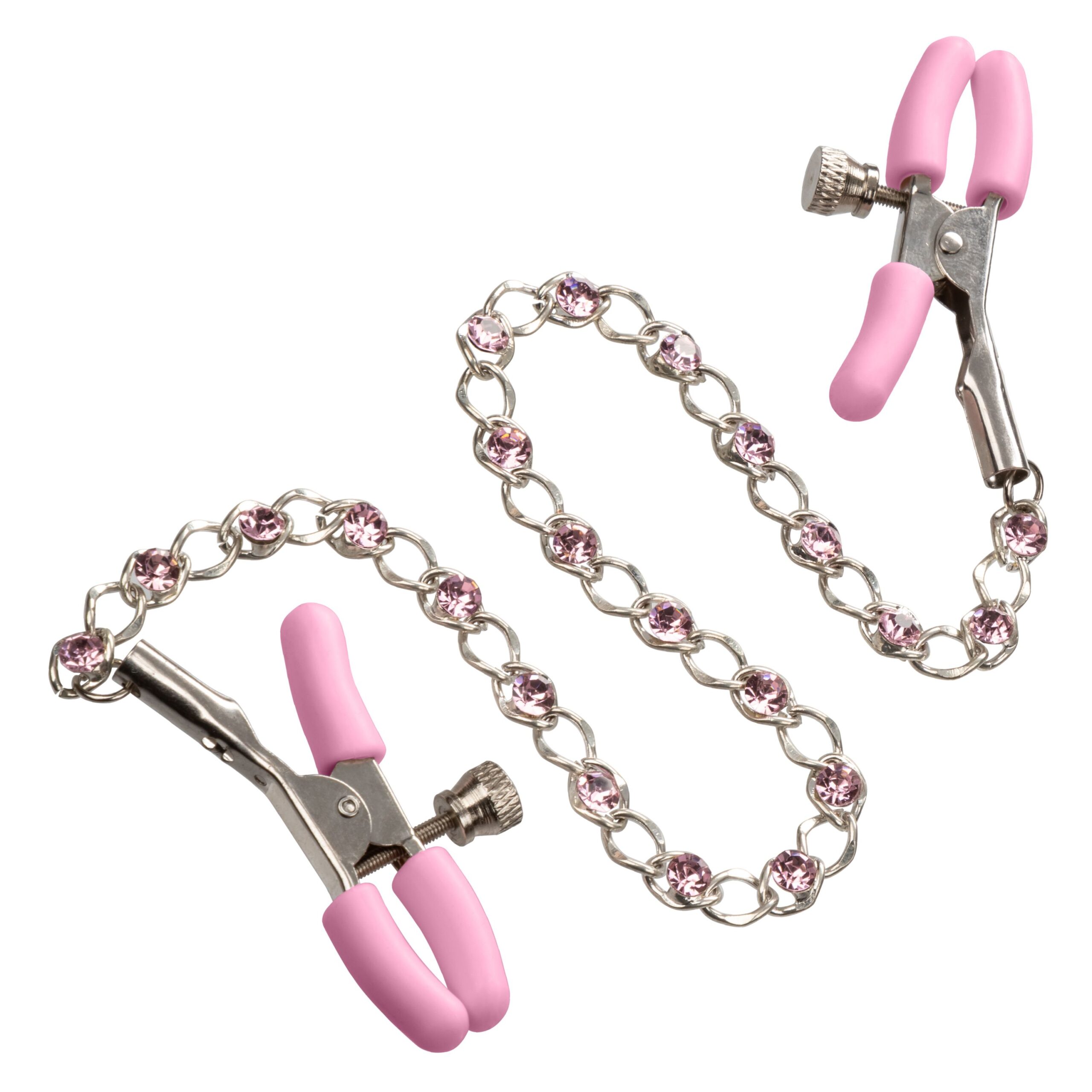 Pink crystal nipple clamps with silicone tips and sparkling chain