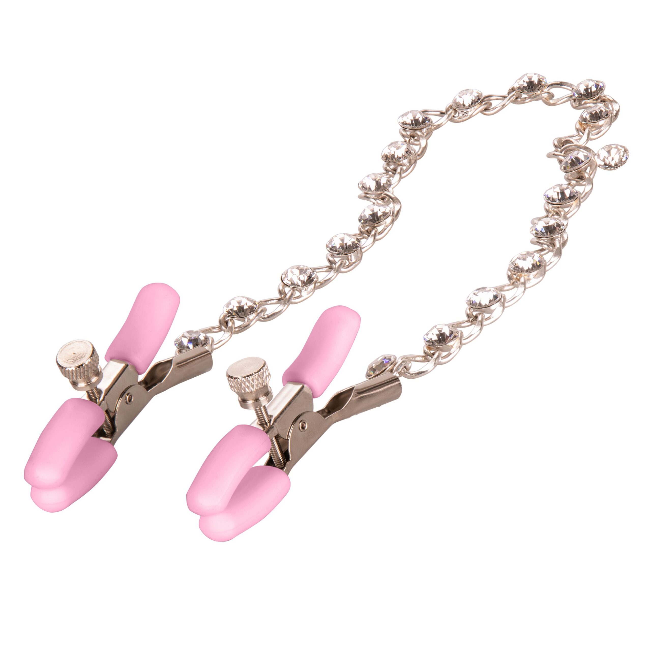 Close view of the pink silicone tips and crystal chain on the beginner nipple clamps