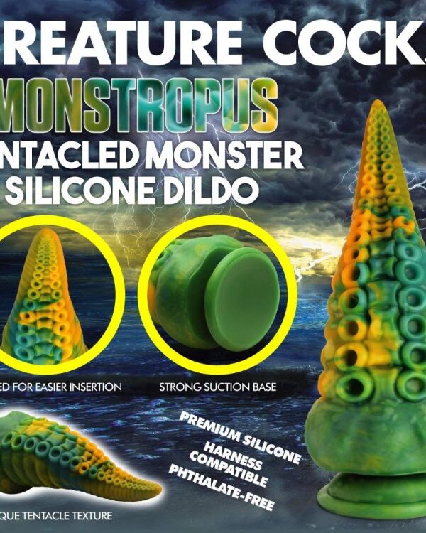 Monstropus feature chart showing the tapered tip, suction base and tentacle texture
