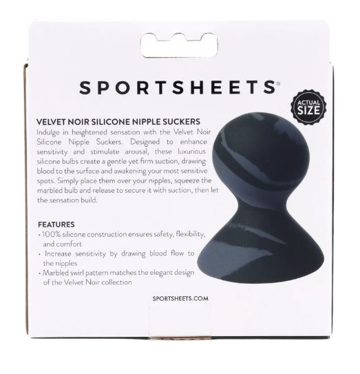 Back of the Velvet Noir box showing the marbled black silicone nipple sucker