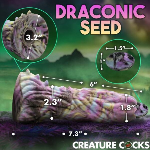 Dragon Spawn size chart showing 7.3" length, 6" insertable, 2.3" width and 1.5" eggs