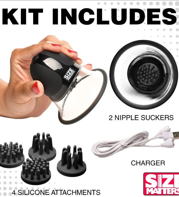 What is in the kit - two rotating nipple suckers, four silicone attachments and USB charger