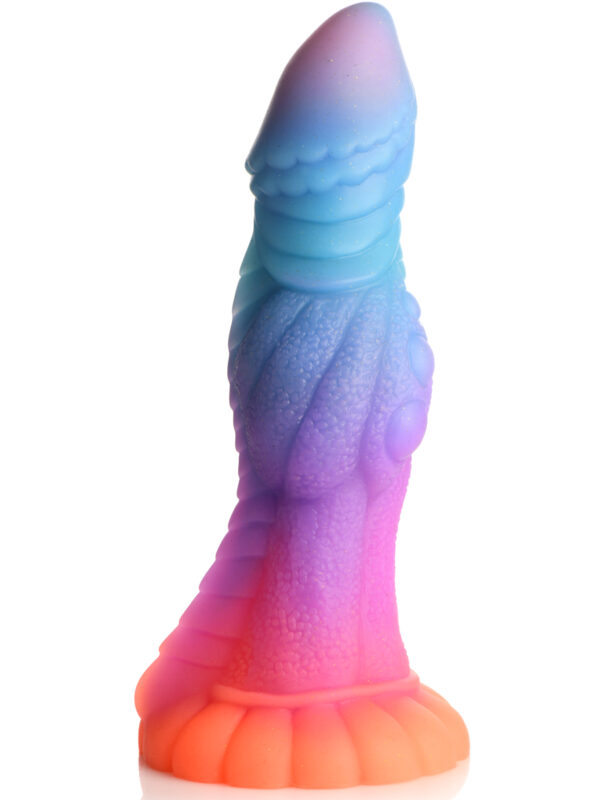 Creature Cocks Space Cock knot dildo standing upright, orange base fading to purple and blue