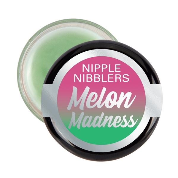 Open 3g pot of Nipple Nibblers Melon Madness cool tingle balm showing the green balm