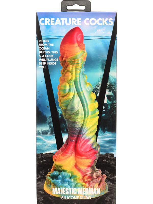 Majestic Merman rainbow dildo in its Creature Cocks retail box