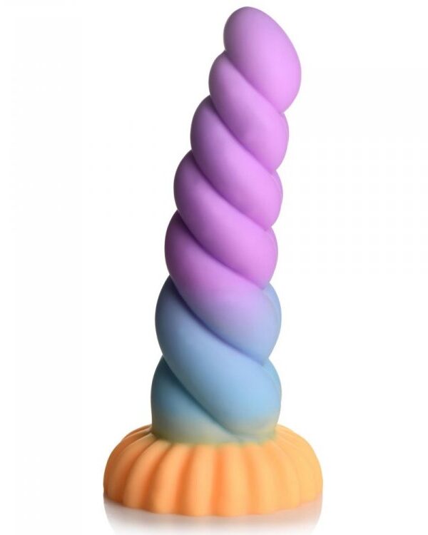Creature Cocks Mystique unicorn horn dildo with an orange, blue and purple spiral