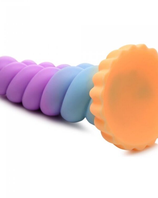 Mystique unicorn dildo showing its scalloped suction cup base
