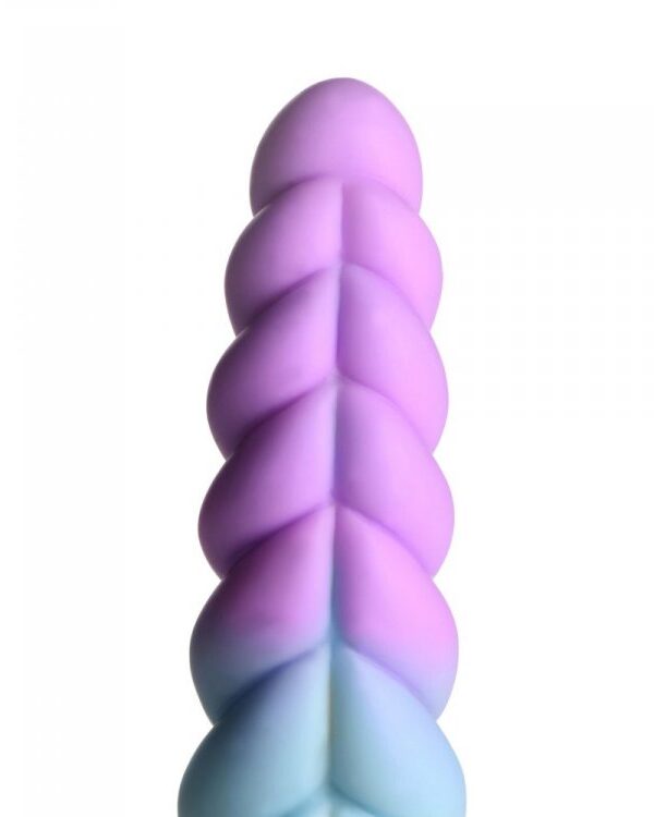 Close-up of the Mystique unicorn dildo tapered tip and spiral