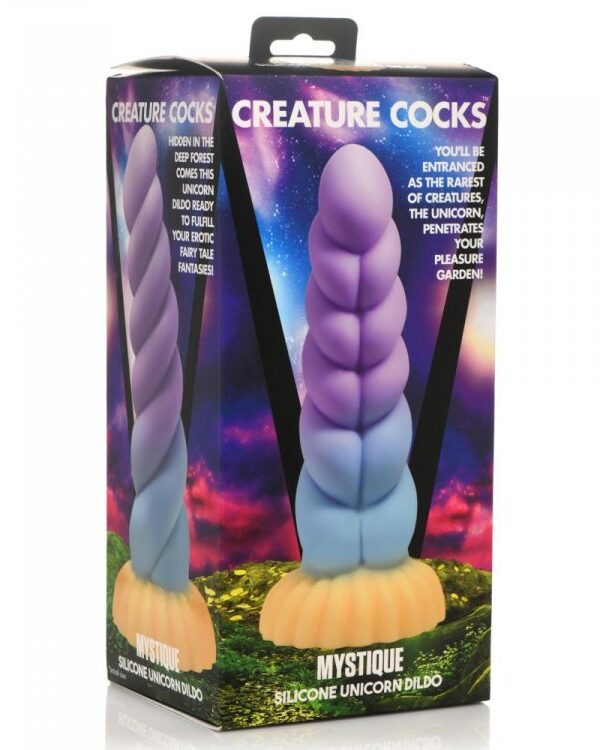 Mystique unicorn dildo in its Creature Cocks retail box