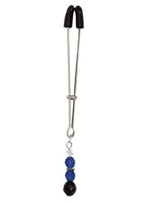 Blue Spartacus tweezer clit clamp with crystal bead dangle and black rubber tips